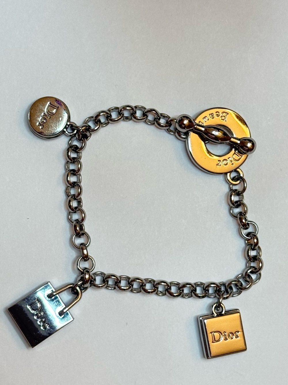 Dior Silver-Tone Chain Charm Bracelet with Logo Pendants 7.3 inch